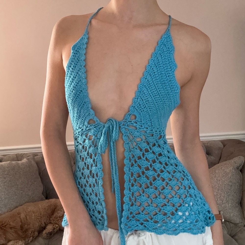 Crochet Blue Backless Tank Top